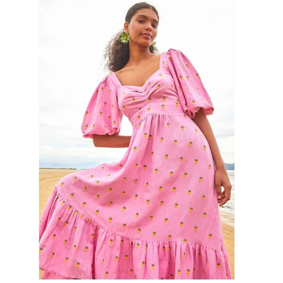 FARM RIO Embroidered Pineapples Midi Dress In Pink Size Xs - Picture 2 of 15